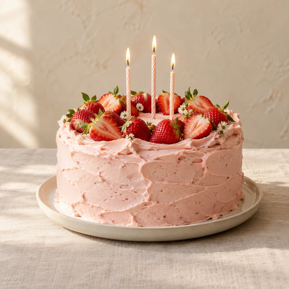 Pastel de fresas & crema con velitas